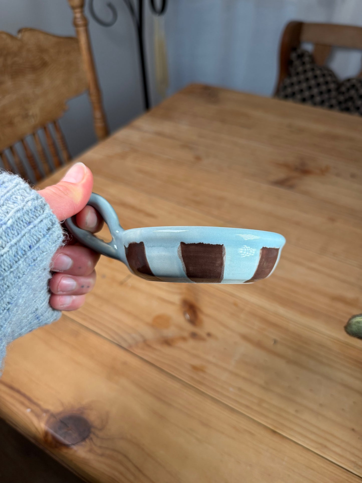 Sky Blue and Cocoa Stripe Candle Holder