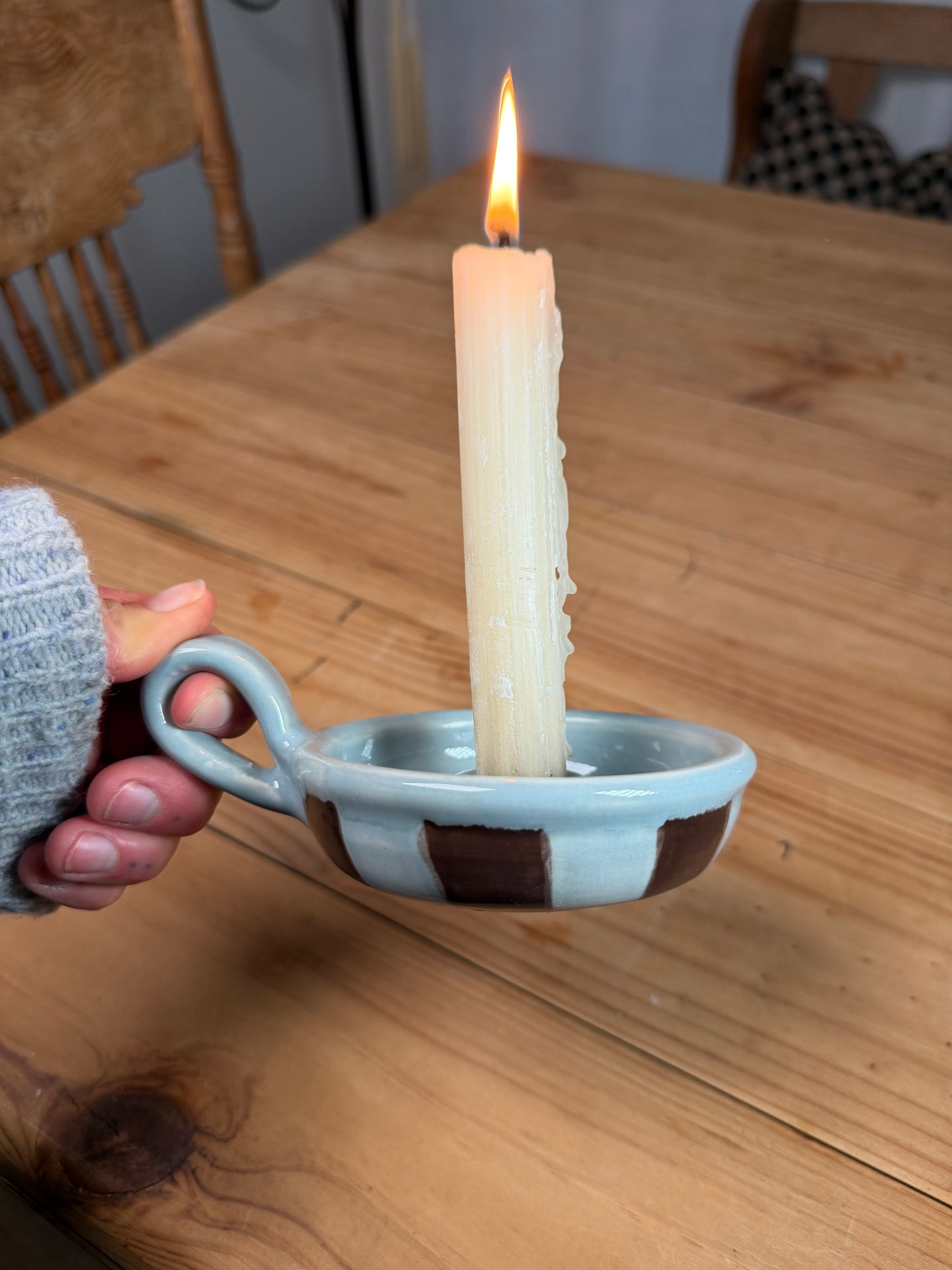 Sky Blue and Cocoa Stripe Candle Holder